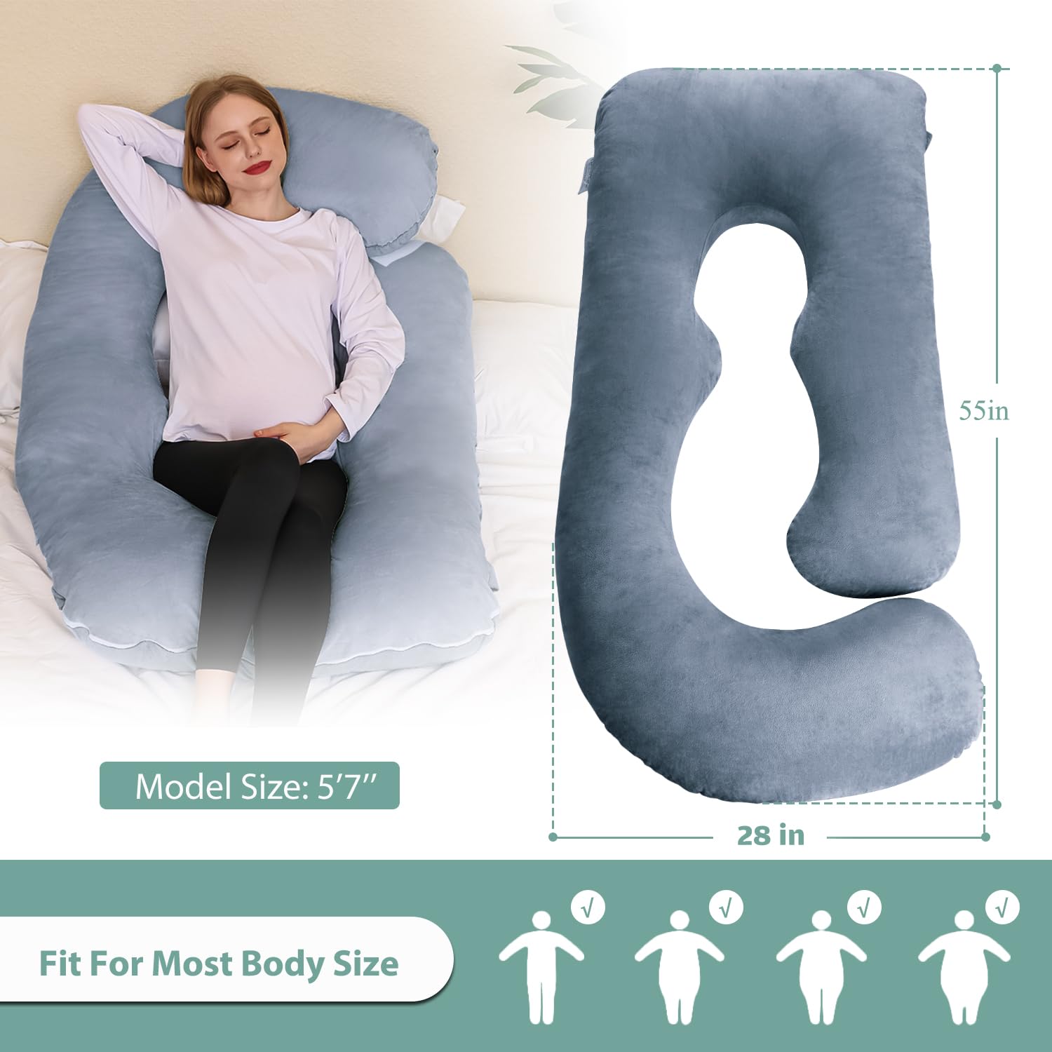 Chilling Home Pregnancy Pillows for Sleeping,U Shaped Maternity Pillow Pillow,55 inch Full Body Pillow Long Pillows for Sleeping, Maternity&Body Pillows for adults with Cover Velvet,Light Black
