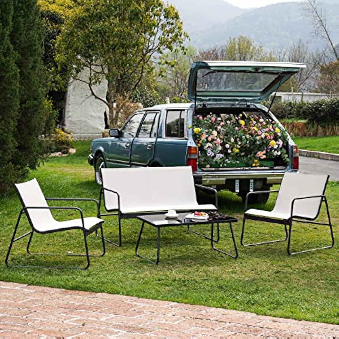 Grand patio Conversation Sets 4 Pieces, Garden Table and Chairs, mesh sling Material, Waterproof, Breathable, Garden Furniture Sets for Outdoor, Backyard, Poolside (Beige)