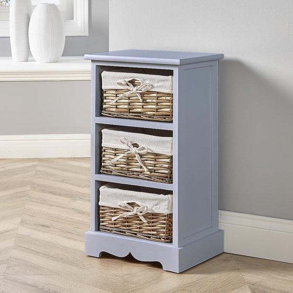 Home Source Bedroom Wooden Storage Unit, Woven Willow Wicker Baskets, 3 Drawer Cabinet Chest, Grey