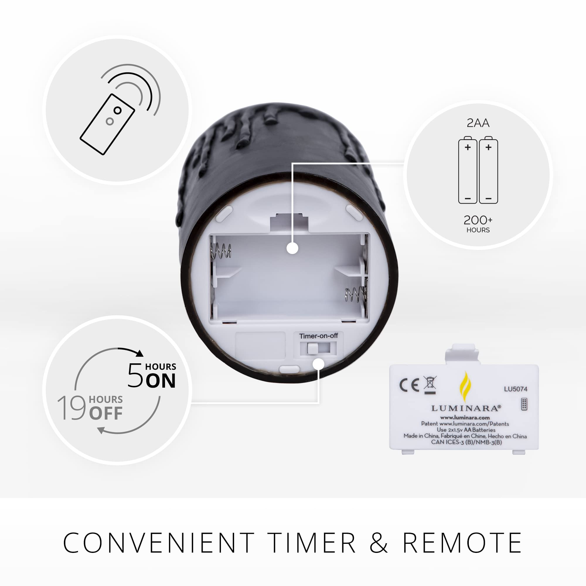 Luminara Wax Drip Flameless LED Candle, Black 3" x 4.5", Timer Function, Real Wax Pillar, Battery Operated Unscented Safe, Long-Lasting