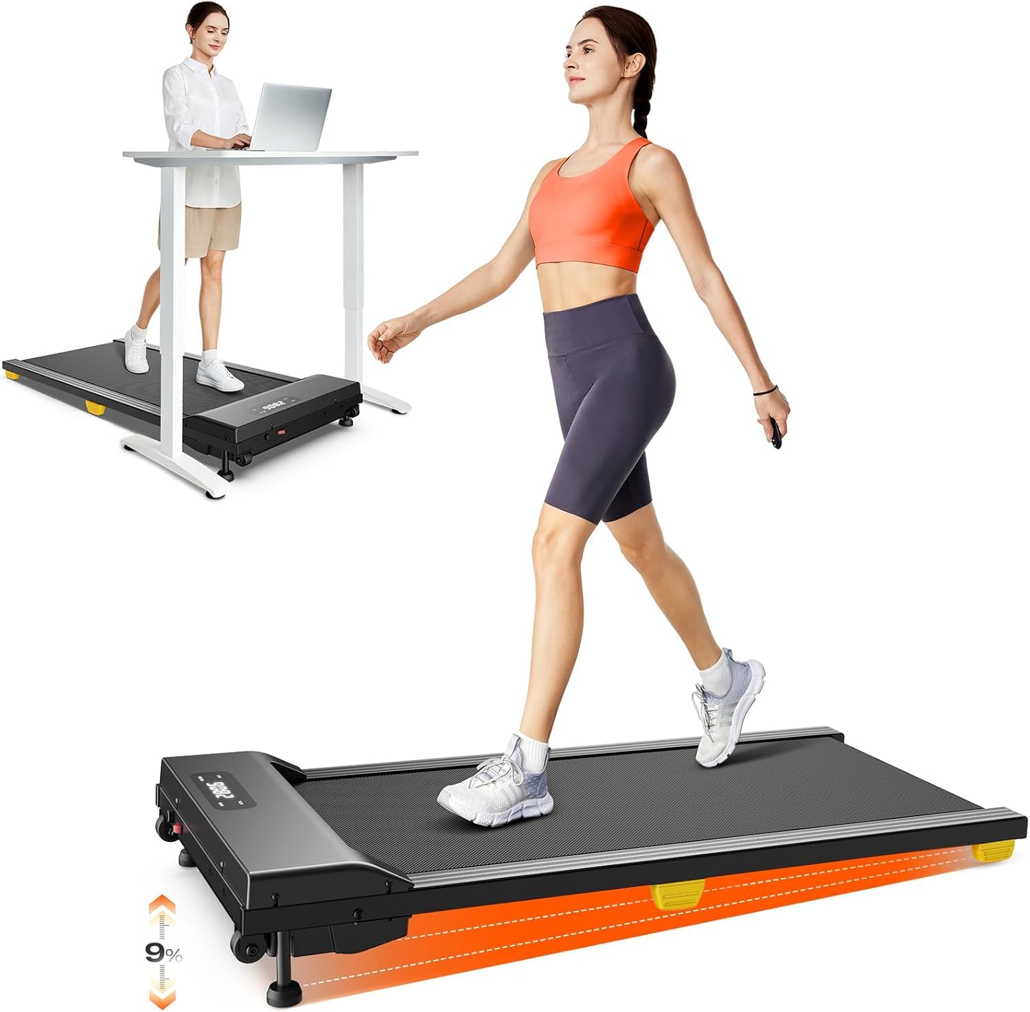 Treadmill with Incline 9%, Walking Pad 1-6 km/h, Under Desk Treadmill with Remote Control and LED Display, Six-Point Shock Absorption