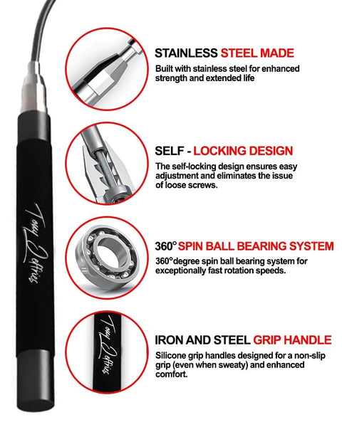 Tony Jeffries's 2.0 Speed Jump Rope of 360 Degree Spin Ball Bearings, Daily Exercise Skipping Rope with Silicon Grip Handles, Lightweight Self Locking