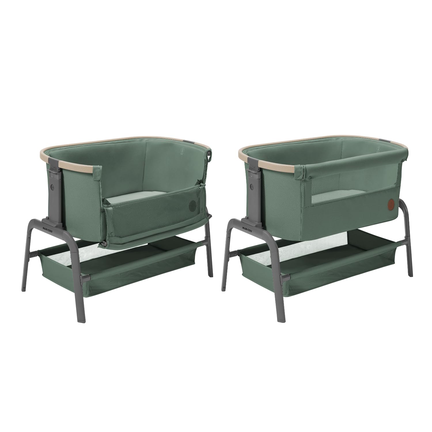 Maxi-Cosi Iora Co-Sleeper Crib, Foldable Baby Bedside Crib, 0–6 Months, max 9 kg, 4 Incline & 5 Height Positions, Easy Slide, Comfortable Mattress, Large Basket, Easy to Carry, Essential Grey