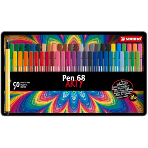 STABILO Pen 68 - Premium Fibre-Tip Pen - ARTY - Tin of 50 - Assorted Colours