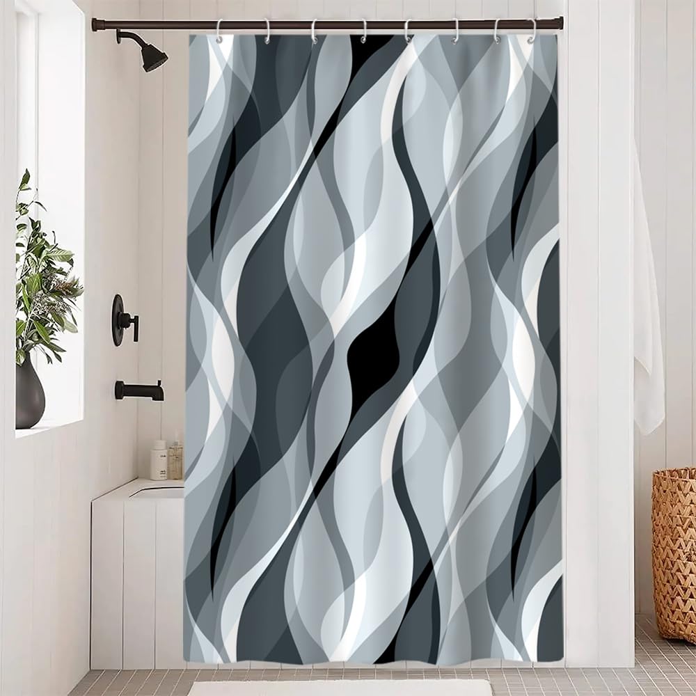 Uiiooazy Anti-Mould Shower Curtain, Grey Abstract Blue Striped Blue Stripe Bath Curtains Waterproof Fabric Washable Polyester Bathroom Curtains with 8