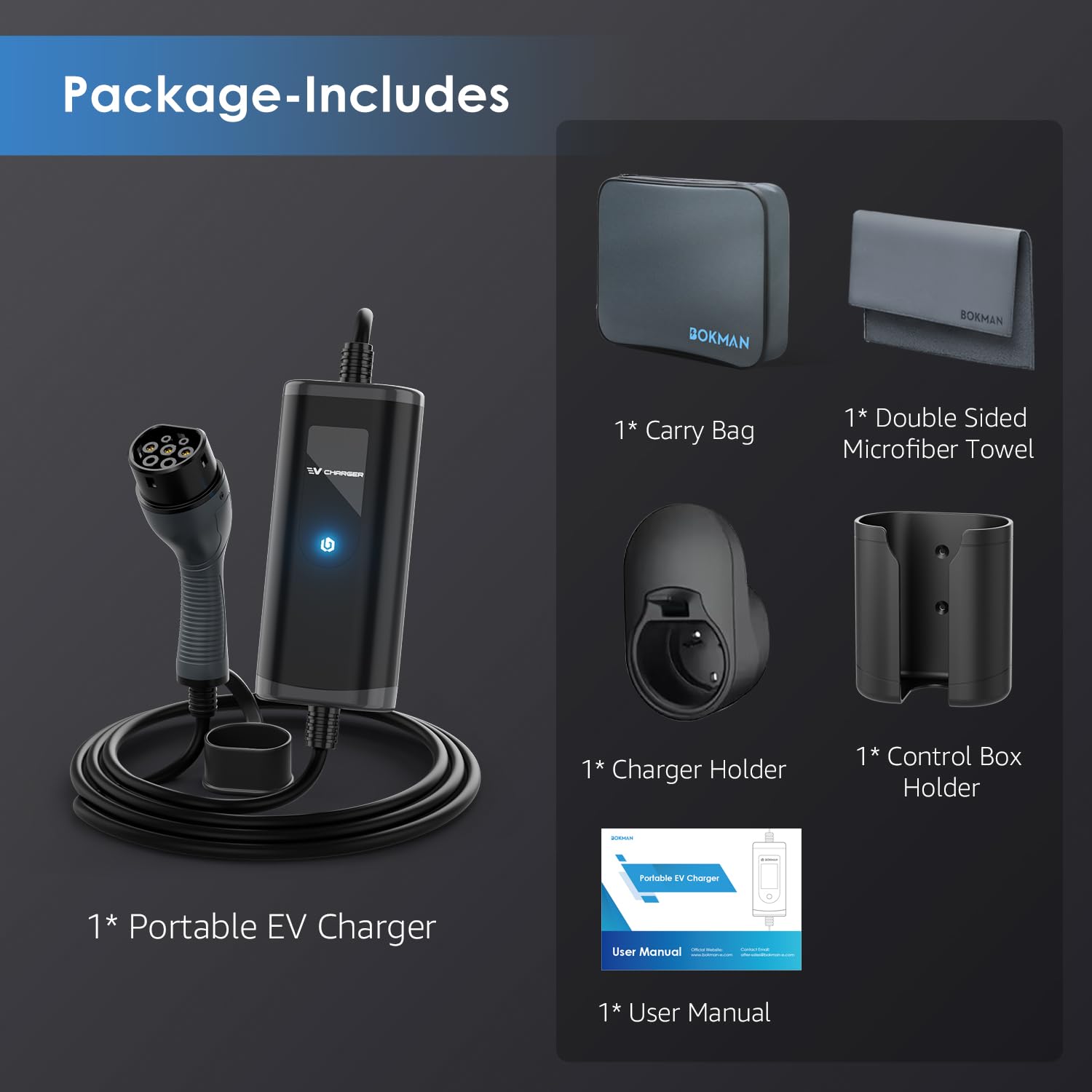 bokman EV Charger Type 2 to 3 Pin Plug, 5M / 3.3kW / 13A / IP65 Waterproof, Electric Car Charger with LED Indicators, Type 2 Charging Cable 3 Pin with Carry Bag & Microfiber Towel