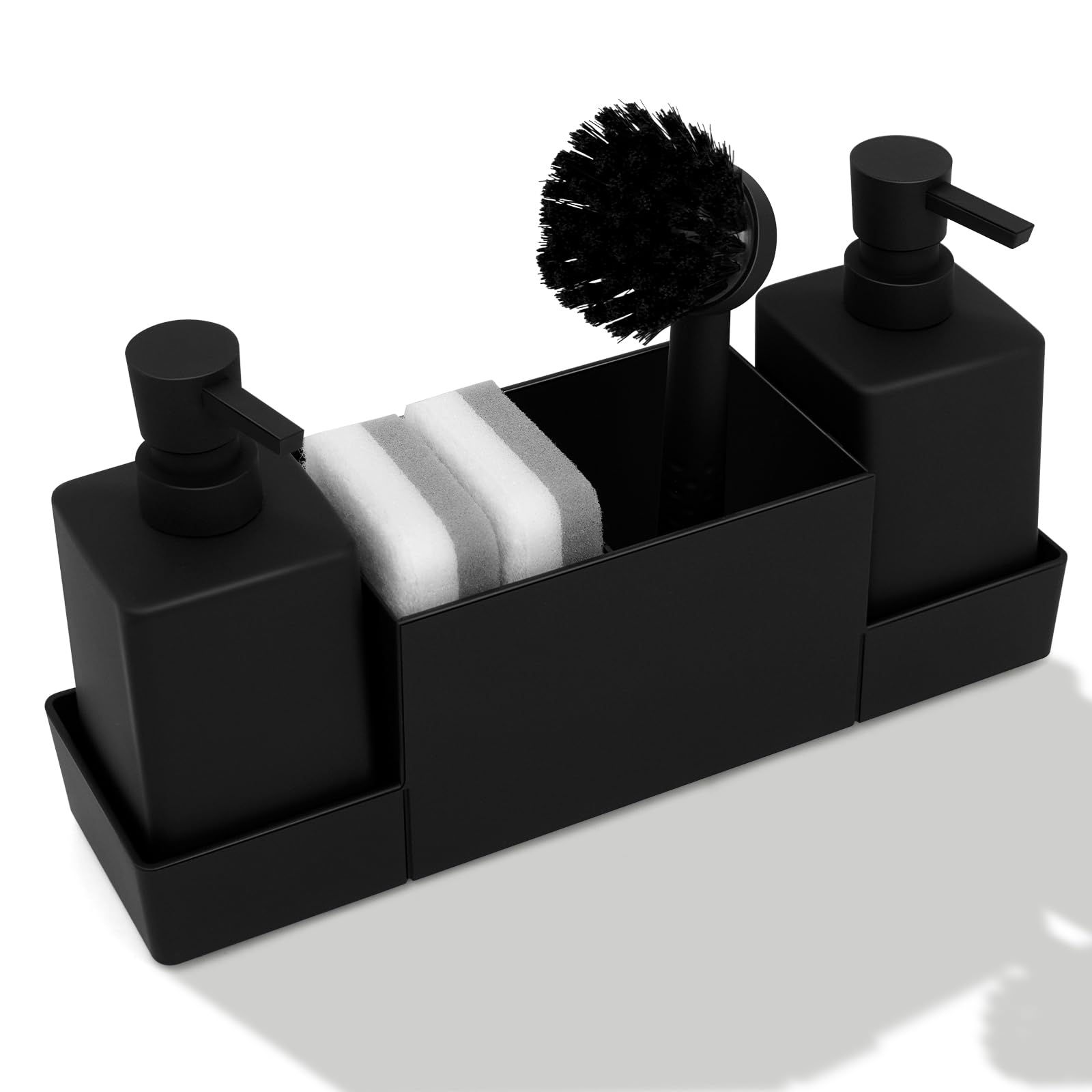 ZephyrCraft Kitchen Soap Dispenser Set with Sponge Holder and Brush Holder, Dish Soap Dispenser for Kitchen Sink Caddy (Black)