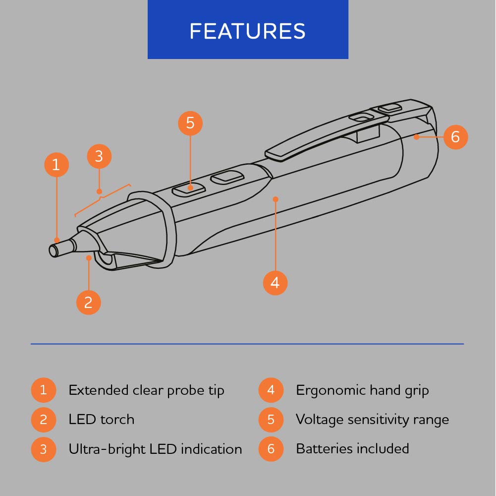 Martindale NC3 Non-Contact Voltage and Magnetic Field Tester Pen, Audible & Visual Indication, LED Torch, 200–1000V AC