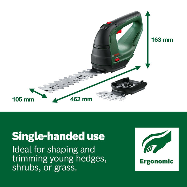 Bosch Cordless AdvancedShear 18V-10 (Without, 18 Volt System, cuts up to 85 m? per Battery Charge, with Shrub and Grass Shear Blades, in Carton