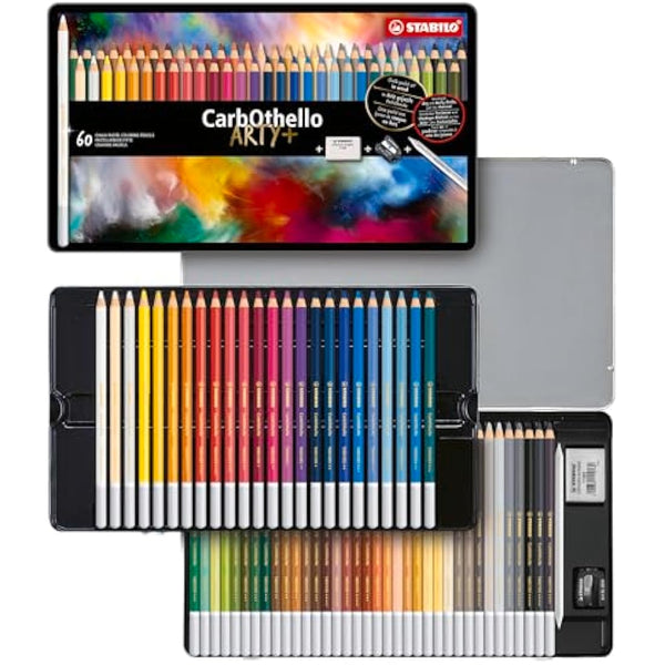 STABILO CarbOthello - Chalk-Pastel Pencil - ARTY+ - Tin of 60 - Assorted Colours with Sharpener, Kneaded Eraser and Blending Stump