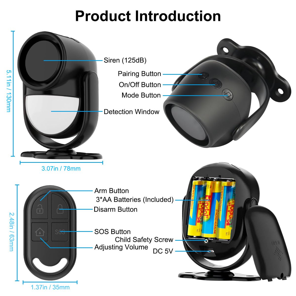Shed Alarm, Shed Security Alarm for Home / Ranch / Van / Carport / Shop Infrared Detection Technology with 328ft Remote SOS Button Battery Powered 125db Extra Loud - Black