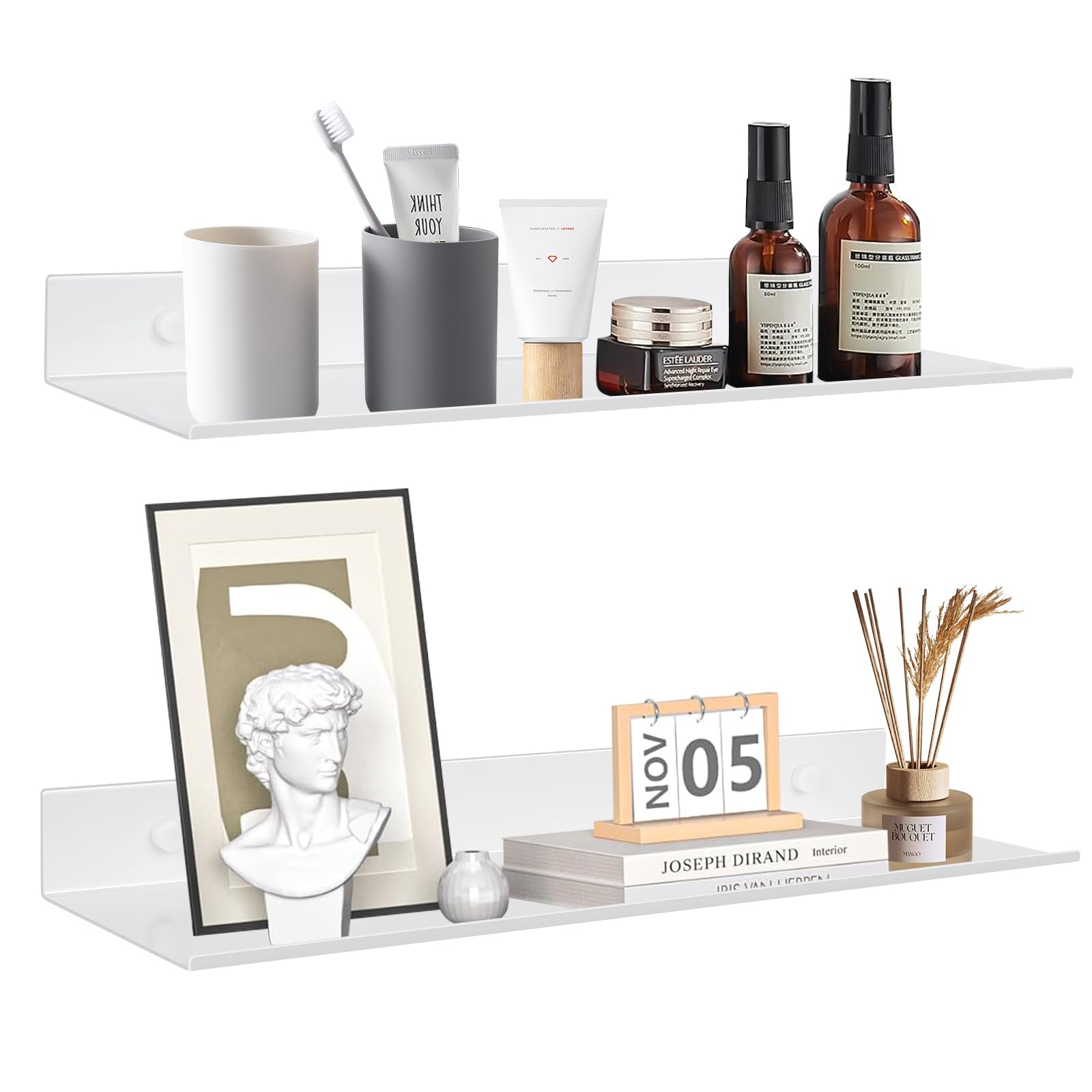 YUET Bathroom Shelf 2 Pack 30CM, White Shower Caddy Wall Mounted Or Self Adhesive Waterproof, Metal Small Floating Shelves, Wall Storage Shelf for