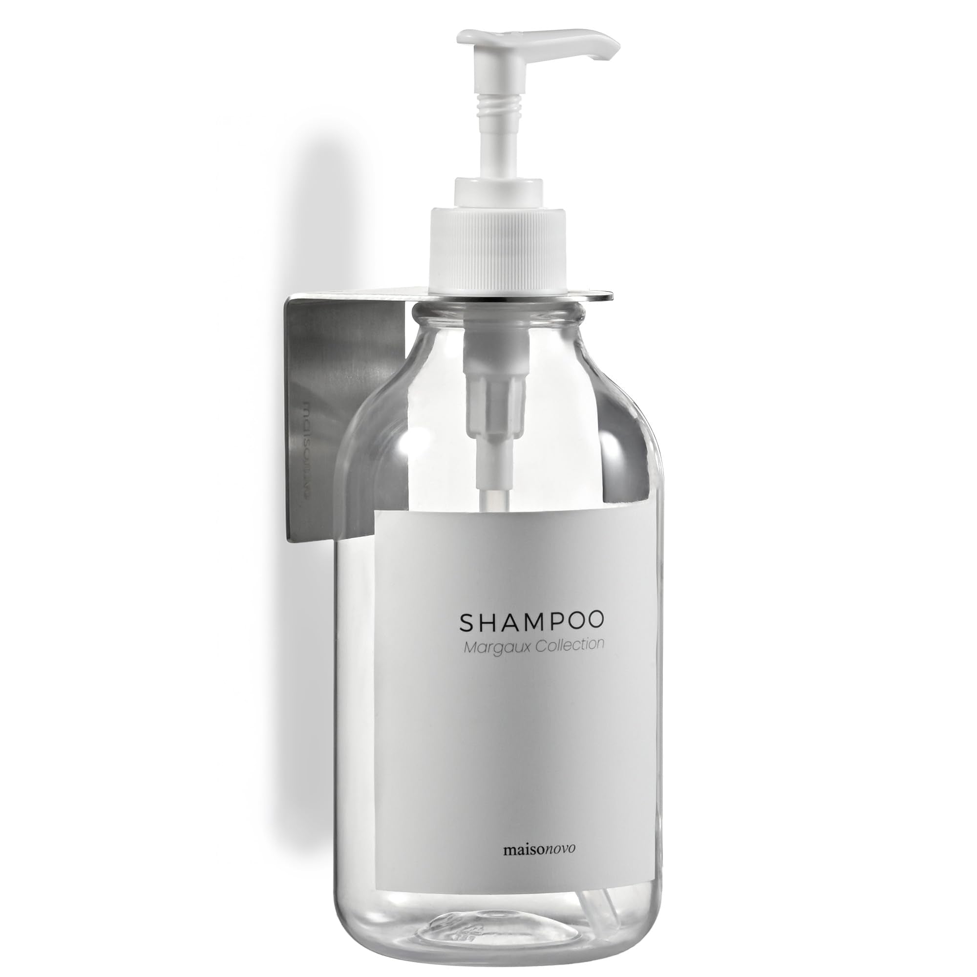 MaisoNovo Shampoo Dispenser Drill Free Shower Soap Dispenser Wall Mount with Waterproof Labels | 500 ml Clear Plastic Bottle with 1 Silver Wall Mount