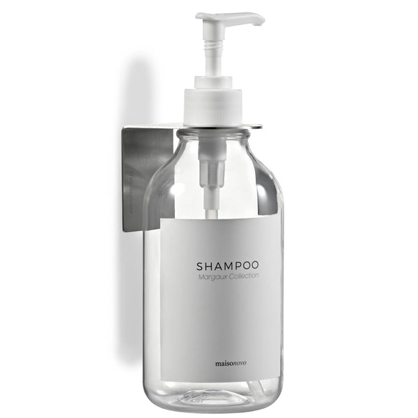 MaisoNovo Shampoo Dispenser Drill Free Shower Soap Dispenser Wall Mount with Waterproof Labels | 500 ml Clear Plastic Bottle with 1 Silver Wall Mount