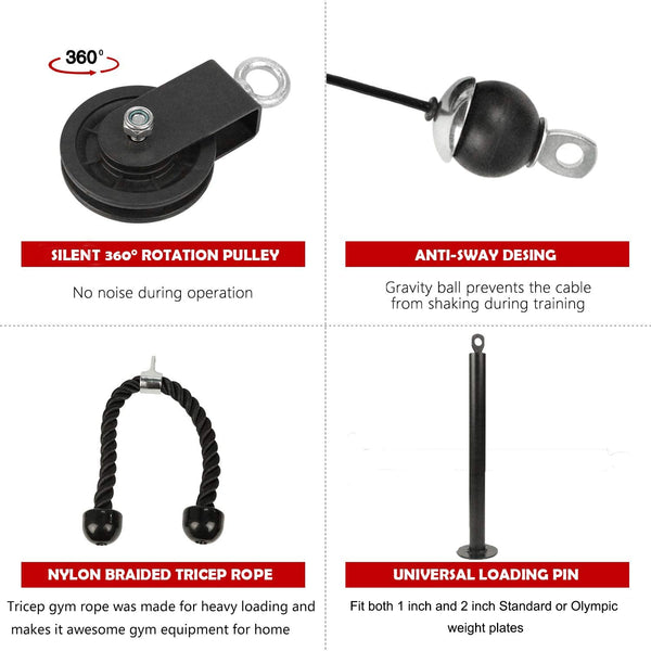 LFJ 12Pcs Fitness LAT Pulley System, Home Gym Cable Machine Muscle Arm Strength Training Equipment with Tricep Rope Loading Pin Exercise Accessories