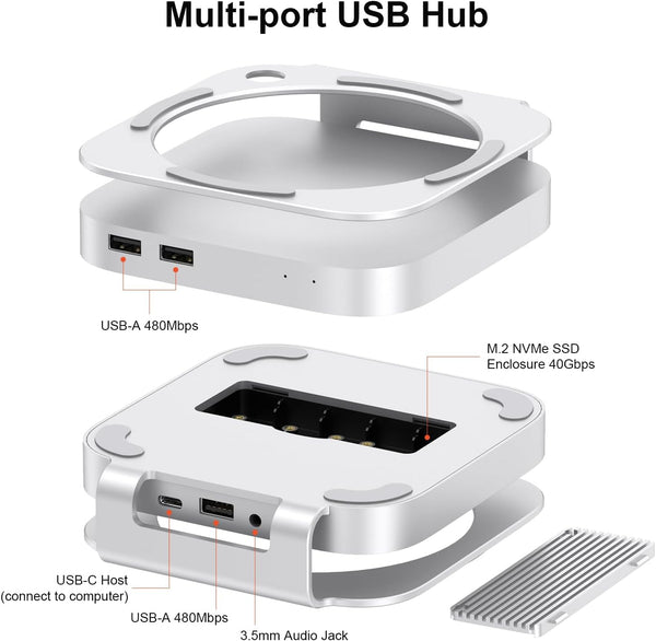 Qwiizlab 40Gbps Mac mini M4/M4 Pro Stand Hub with USB4 NVMe SSD Enclosure, USB-C Host, 3 USB-A 2.0, 3.5mm Audio, Supports M.2 PCIe up to 8TB, Compatible with Thunderbolt 4/5