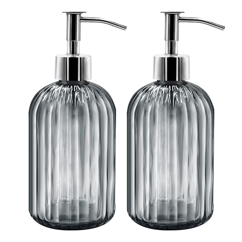 2 Pack Glass Soap Dispenser Bottle with Pump, 14 Oz Refillable Liquid Hand Jar Dispenser for Bathroom, Countertop, Kitchen, Laundry Room (Dark Grey)