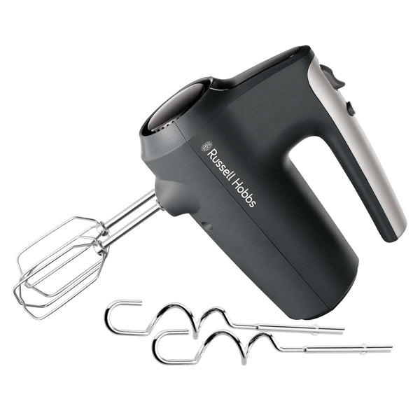 Russell Hobbs Hand Mixer (Electric whisk for baking, 5 Speeds + Turbo Mode, Dishwasher safe chrome beaters & dough hooks, Bowl & heel rest feature,