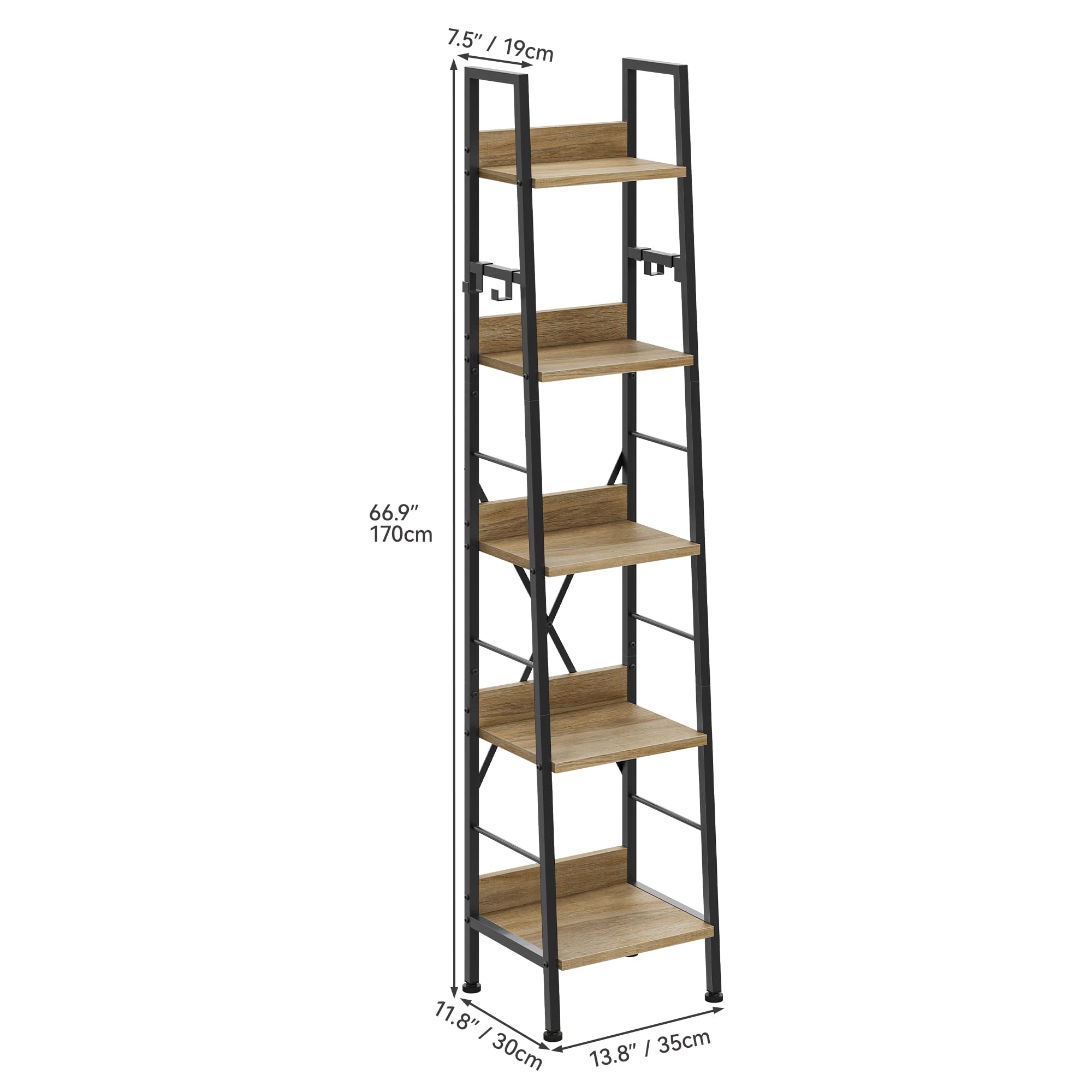 YITAHOME Bookcase 5 Tiers, Industrial Ladder Shelf Floorstanding Book Shelf Wooden Shelves and Metal Frame Book Rack Modern Shelving Unit for Living