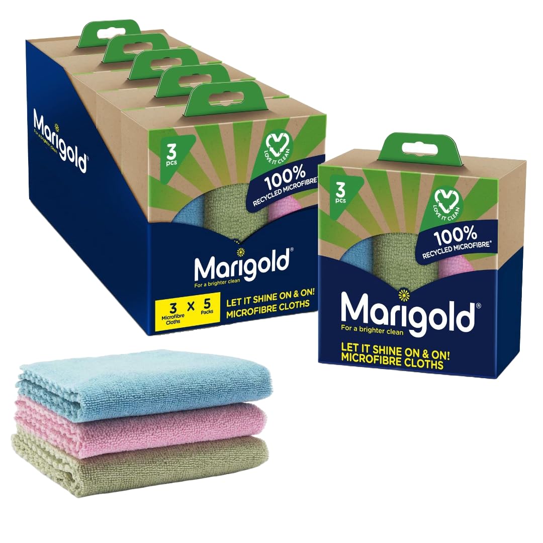 Marigold Let It Shine On and On Microfibre Cloths, Case Pack of 5 x 3Pk Cloths, 100% Recycled Microfibre Cleaning Cloths, Multifunctional Reusable