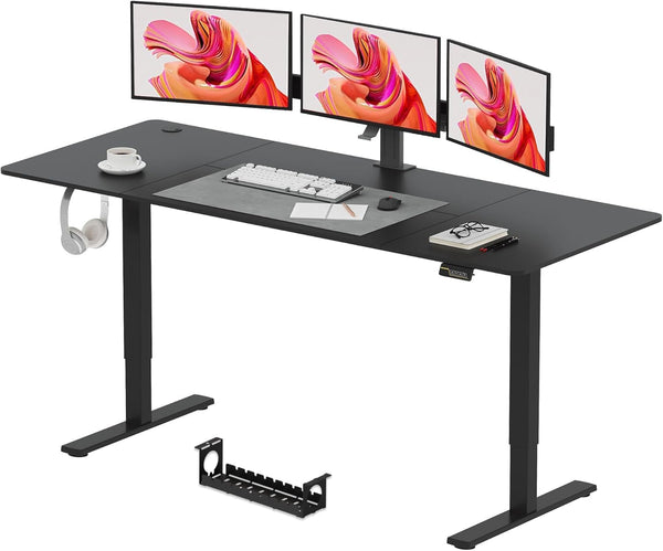 SANODESK QS1+140 * 60 Electric Standing Desk Height Adjustable Standing Desk With Memory Smart Panel Sit Stand Table With Hooks and Cupholder for Home Office （Black Frame+ Black Desktop）