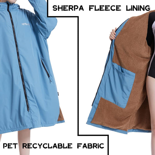 Hiturbo Waterproof Adult Changing Robe: Windproof Warm Swimming Robe Oversized Coat Surf Poncho with Fleece Lining Blue
