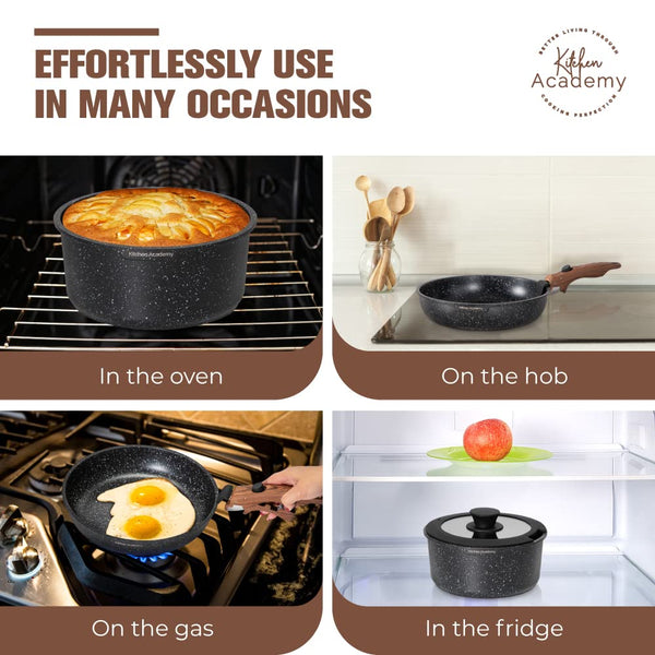 Kitchen Academy Non Stick Cookware Set, 10 Piece Granite-Coated Induction Pots and Pans Set with Detachable Handle, Stackable RV Cooking Set for