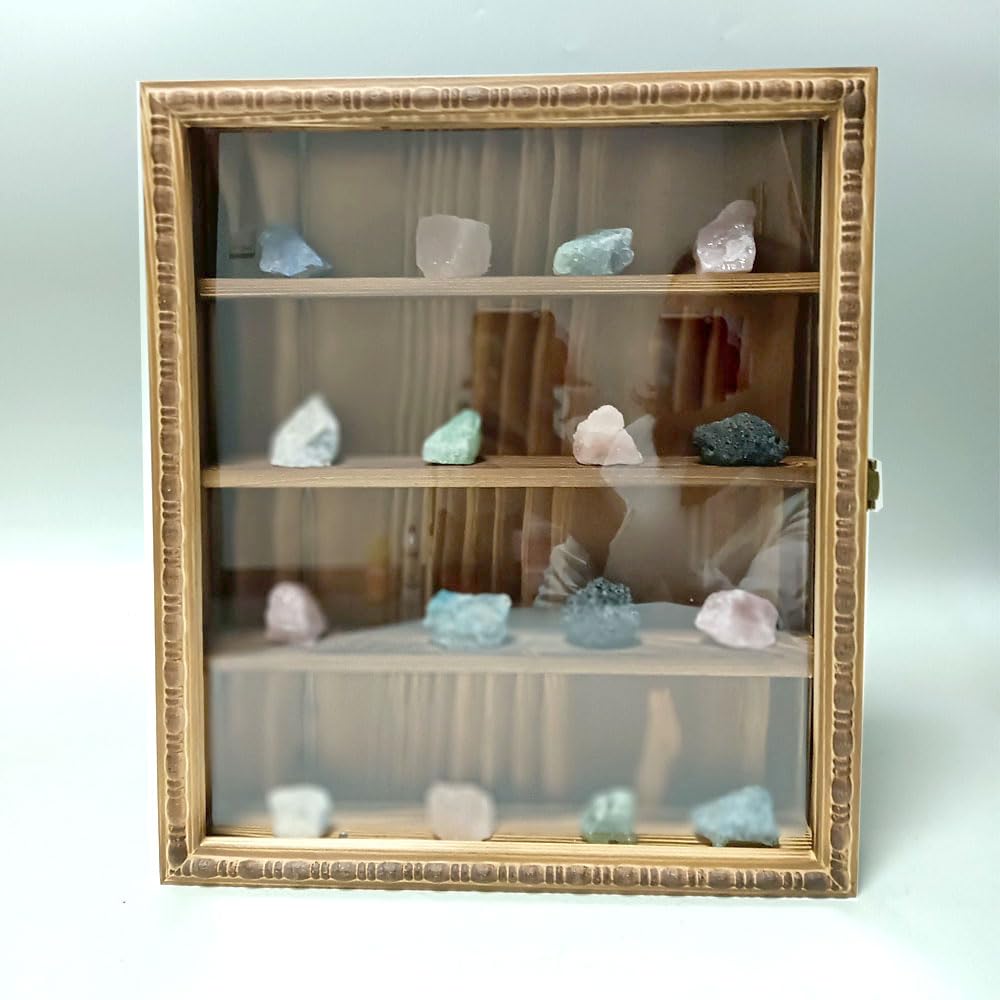 HAORIZISHOP Rock Display Case ?Rock Collection Box with Shelves?Suitable for Agate Opal Crystal Stone ?Holds Fossils, Artefacts, Farmhouse Decorations