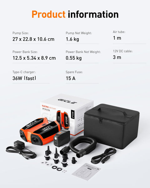 GICLE 22PSI SUP Pump Rechargeable, Electric Paddleboard Pump, Fast Inflation & Deflation, Removable Multifunctional Battery, Support DC 12V Input Work