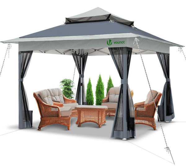 VOUNOT® 3.6m x 3.6m Pop Up Gazebo with Mesh Sides, Garden Double Roof Marquee Party Tent with Leg Weights & Roller Bag, Grey