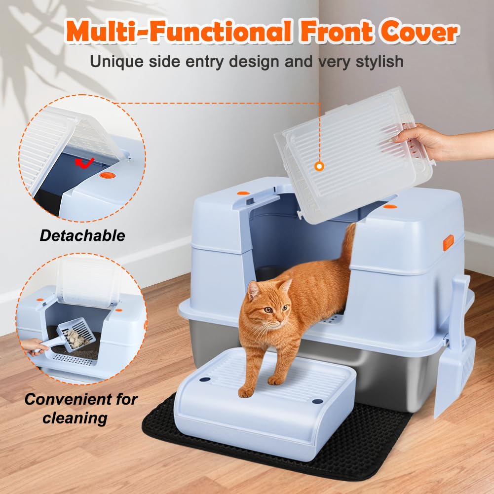 Vivifying Enclosed Stainless Steel Cat Litter Box with Lid, High-Sided, Removable and Metal Leak-Proof Stainless Steel Cat Litter Tray with Scoop, Steps and Mat (Black)