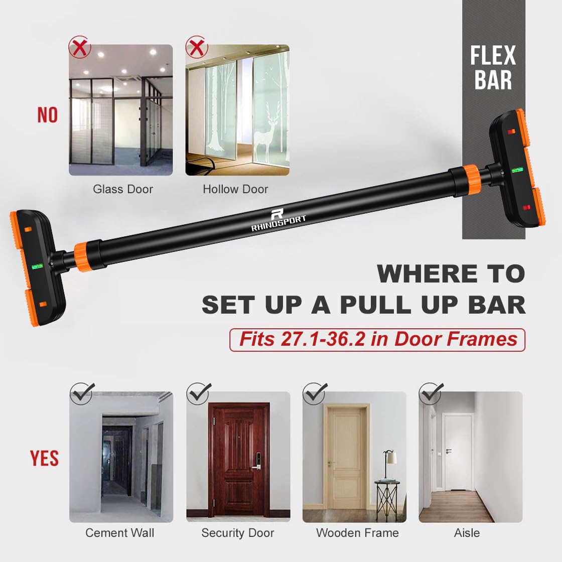 RHINOSPORT Door Pull Up Bar Doorway Chin Up Bar from 72-95 cm (28.3in-37.4in) Workout Equipment No Screws