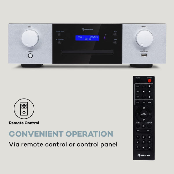 AUNA CD-1000 DG, CD Player HiFi, USB, MP3, Remote Control, CD Player with LED Display, CD Receiver Aluminium, black