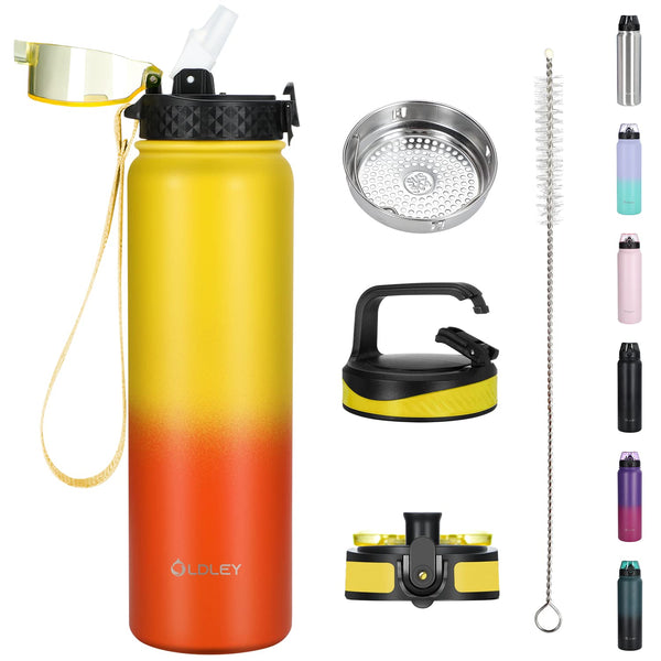 OLDLEY Stainless Steel Water Bottle with Straw 1L Vaccum Insulated Large Drink Flask Metal Water Bottles 1 Litre Leakproof Keep Drinks Hot Cold for Sports Gym with Different Lids(Purple Green, 3 Lids)