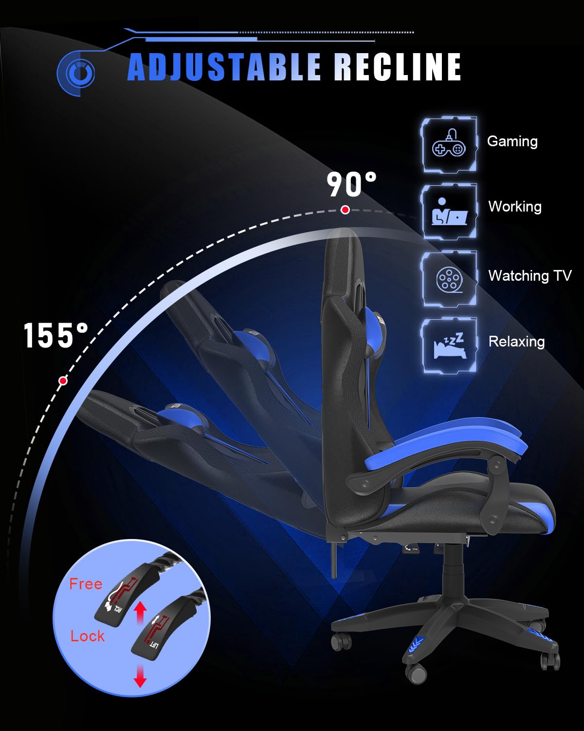 Racingreat Gaming Chair with Led Lights, Video Game Chair, Ergonomic RGB Gaming Chair for Adults, Height Adjustable Reclining Computer Chair with Headrest and Lumbar Support (With RGB, Black)