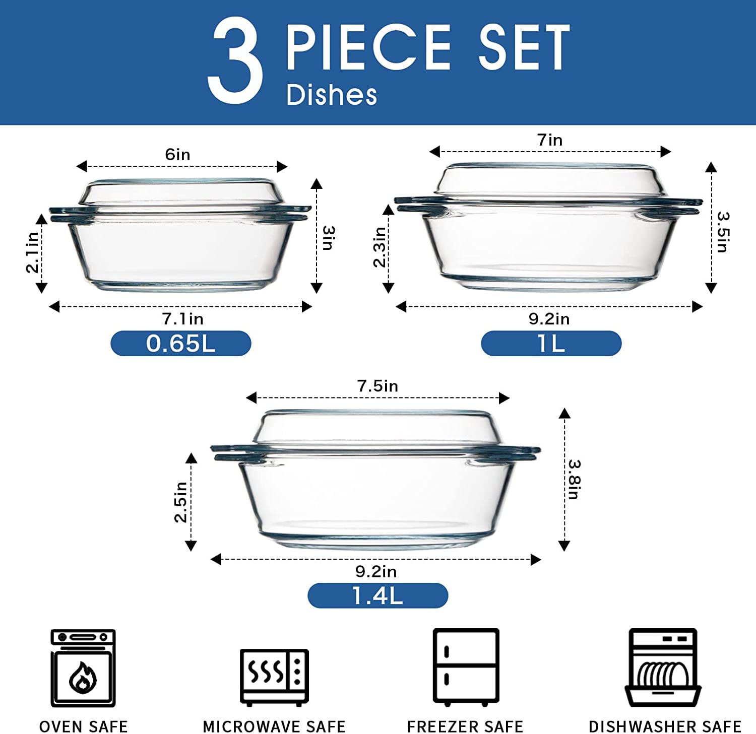 Set of 3 Small Casserole Dish with Lid, 0.65+1+1.4L, Round, Microwaveable, Oven Proof, Clear Covered Casserole Set