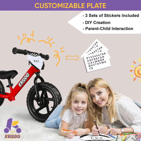 KRIDDO Toddler Balance Bike 2 Year Old, Age 18 Months to 5 Years Old, 12 Inch Push Bicycle with Customize Plate (3 Sets of Stickers Included), Gift Bike for 2-3 Boys Girls, Blue