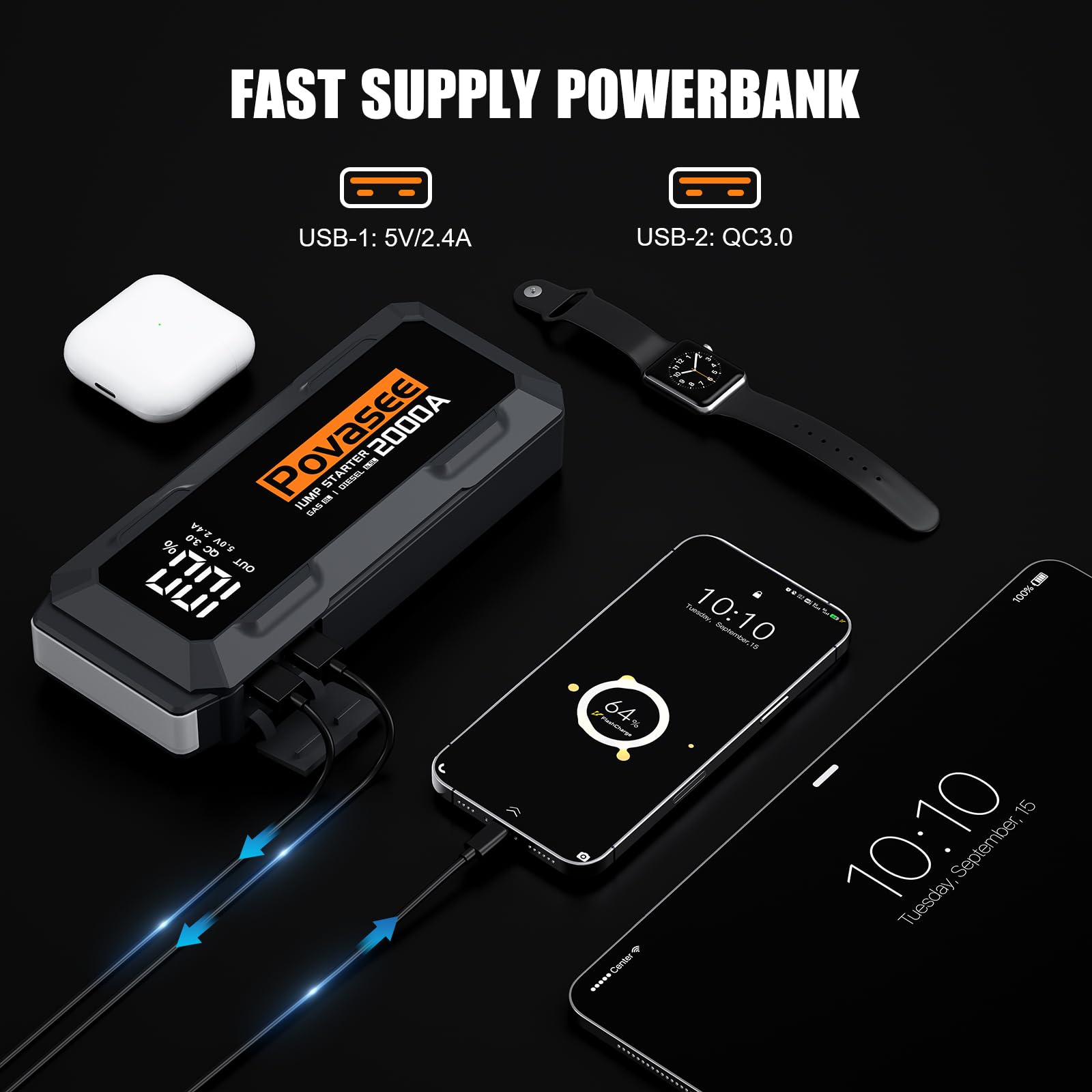 Povasee Jump Starter Power Pack, 5000A Car Battery Booster Jump Starter (up to All Gas or 10L Diesel) with 3" LCD Display, Car Starter with 2 USB Ports, Jump Leads and LED, Jump Pack for 12V Vehicles