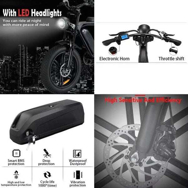 20” Electric Bike, 20 Inch E Bike, Hybrid Bike, Adult Bicycle, 48V 15AH Battery, Brushless Motor, LCD Display, 7 Gear, Rear Seat, Throttle, Suspension, Disc Brakes, Headlight, Indicators, New