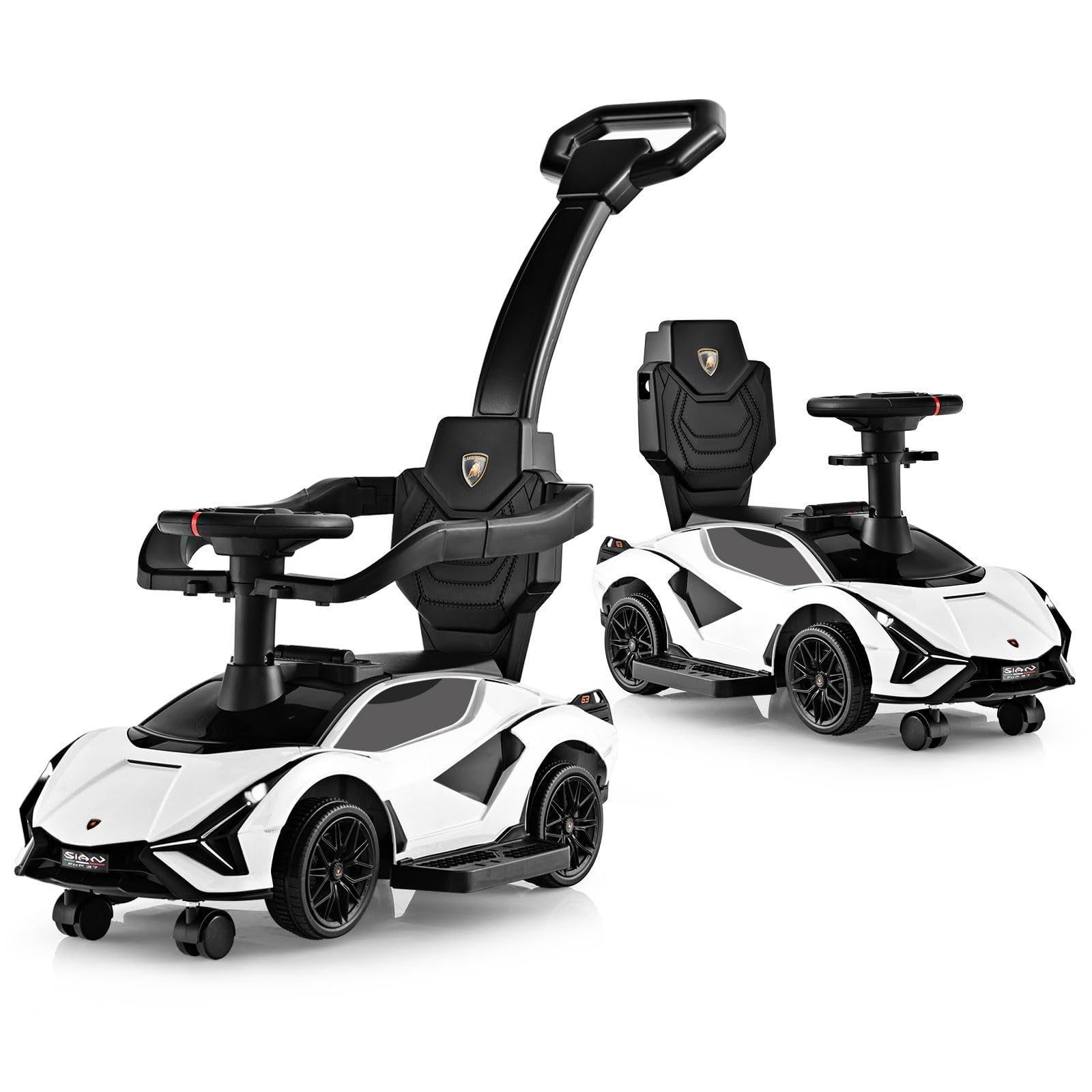 GYMAX 3 in 1 Kids Ride on Push Car, Licensed Lamborghini Push Along Car with Handle, Guardrails, USB Port, Music & Lights, Underneath Storage, Toddler Sliding Toy for 18-60 Months Boys Girls (Black)