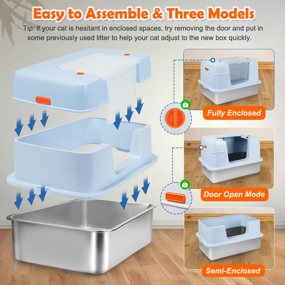 Vivifying Enclosed Stainless Steel Cat Litter Box with Lid, High-Sided, Removable and Metal Leak-Proof Stainless Steel Cat Litter Tray with Scoop, Steps and Mat (Black)