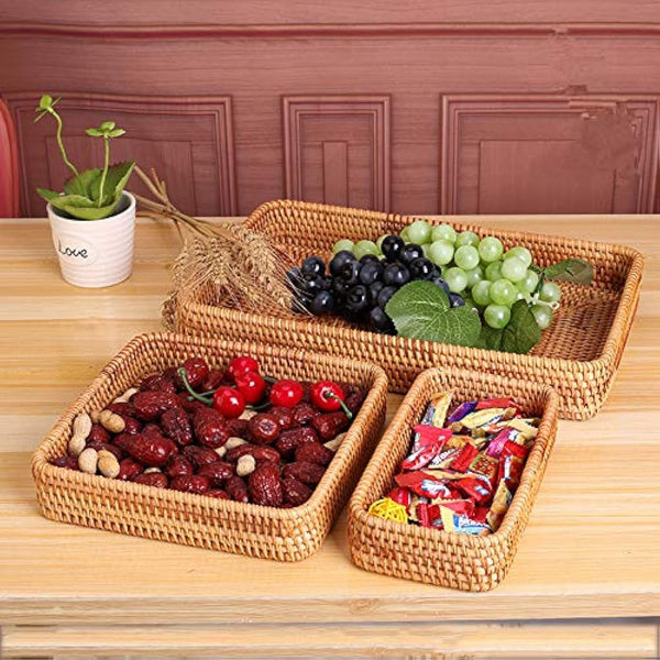 Set of 3, Rattan Serving Tray, Rectangular Wicker Tray, Natural Woven Decorative Serving Baskets for Organizing Tabletop Kitchen Counter