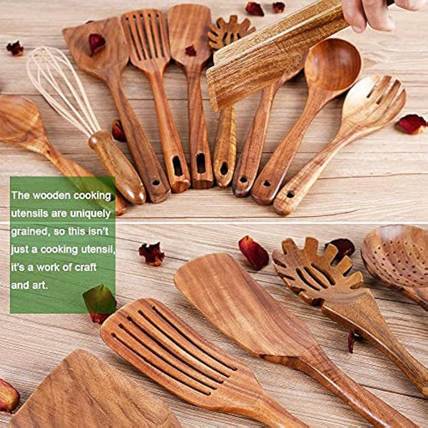Teak Wood Utensils - Nonstick Wooden Kitchen Set with Spatula and Ladle (10)