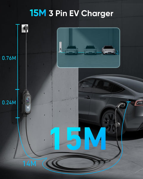 EV Charger Cable Type 2 to 3 Pin Plug 8M/26.25Ft, Max 3.1kW [6-13A] Electric Car Charger, Portable Car Type 2 Charging Cable 3 Pin with 2.4″ LED Screen, 12H Timing Delay, IP67/IP65 for EVs & PHEVs