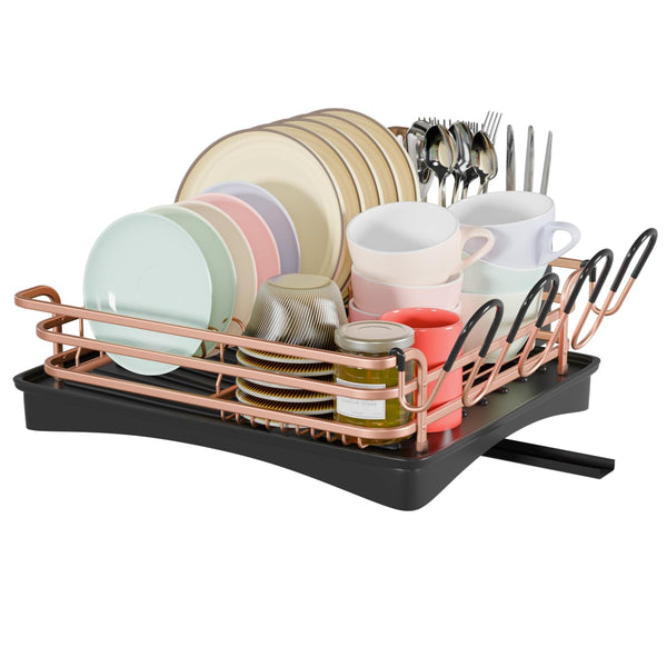 BRIAN & DANY Aluminum Dish Drying Rack, Dish Drainer with Removable Cutlery Holder & Cup Holder, Unique 360 Swivel Spout Drain Board