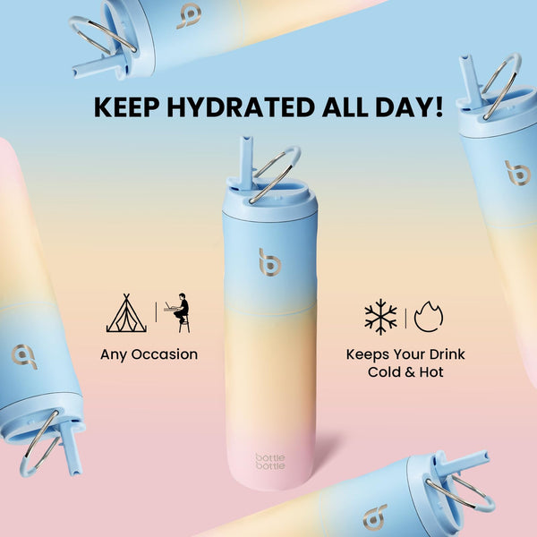 Insulated Water Bottle 700ml(24oz) with Straw, Lid, and Handle - Stainless Steel Sports Travel Gym Bottle for Men and Women (Skiing)