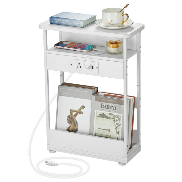 YEAKOO Narrow Side Table with Storage Shelf, 3 Tier Slim End Table Sofa Table for Narrow & Small Spaces, Bedside Table Small Nightstand with Magazine