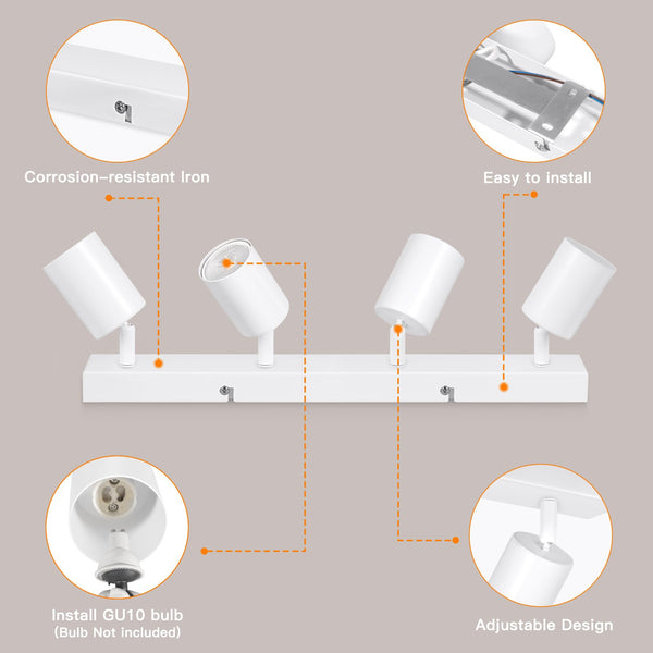 Ketom Adjustable 4 Way Ceiling Spotlight Fitting - GU10 LED Ceiling Light Rotatable - Indoor Spotlights Ceiling Lights - Modern White Metal Ceiling