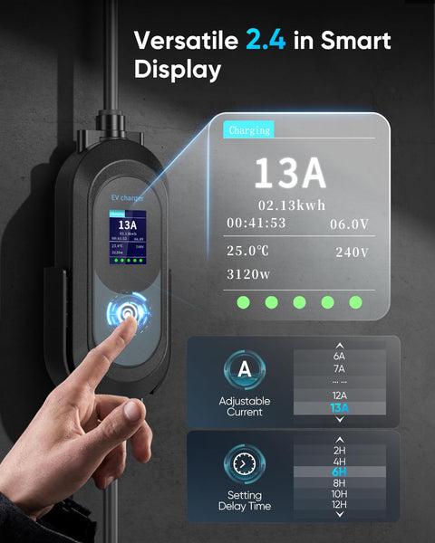EV Charger Cable Type 2 to 3 Pin Plug 8M/26.25Ft, Max 3.1kW [6-13A] Electric Car Charger, Portable Car Type 2 Charging Cable 3 Pin with 2.4″ LED Screen, 12H Timing Delay, IP67/IP65 for EVs & PHEVs