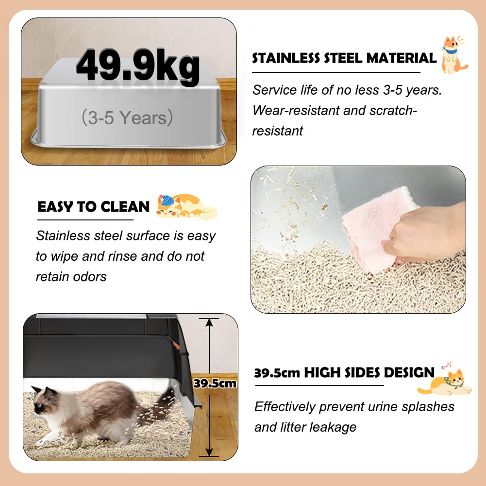Vivifying Enclosed Stainless Steel Cat Litter Box with Lid, High-Sided, Removable and Metal Leak-Proof Stainless Steel Cat Litter Tray with Scoop, Steps and Mat (Black)